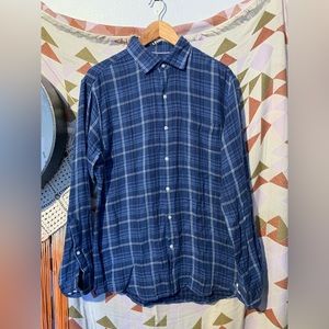 Peter Millar Shirt Medium Flannel Woven Blue White Plaid Long Sleeve Button Up